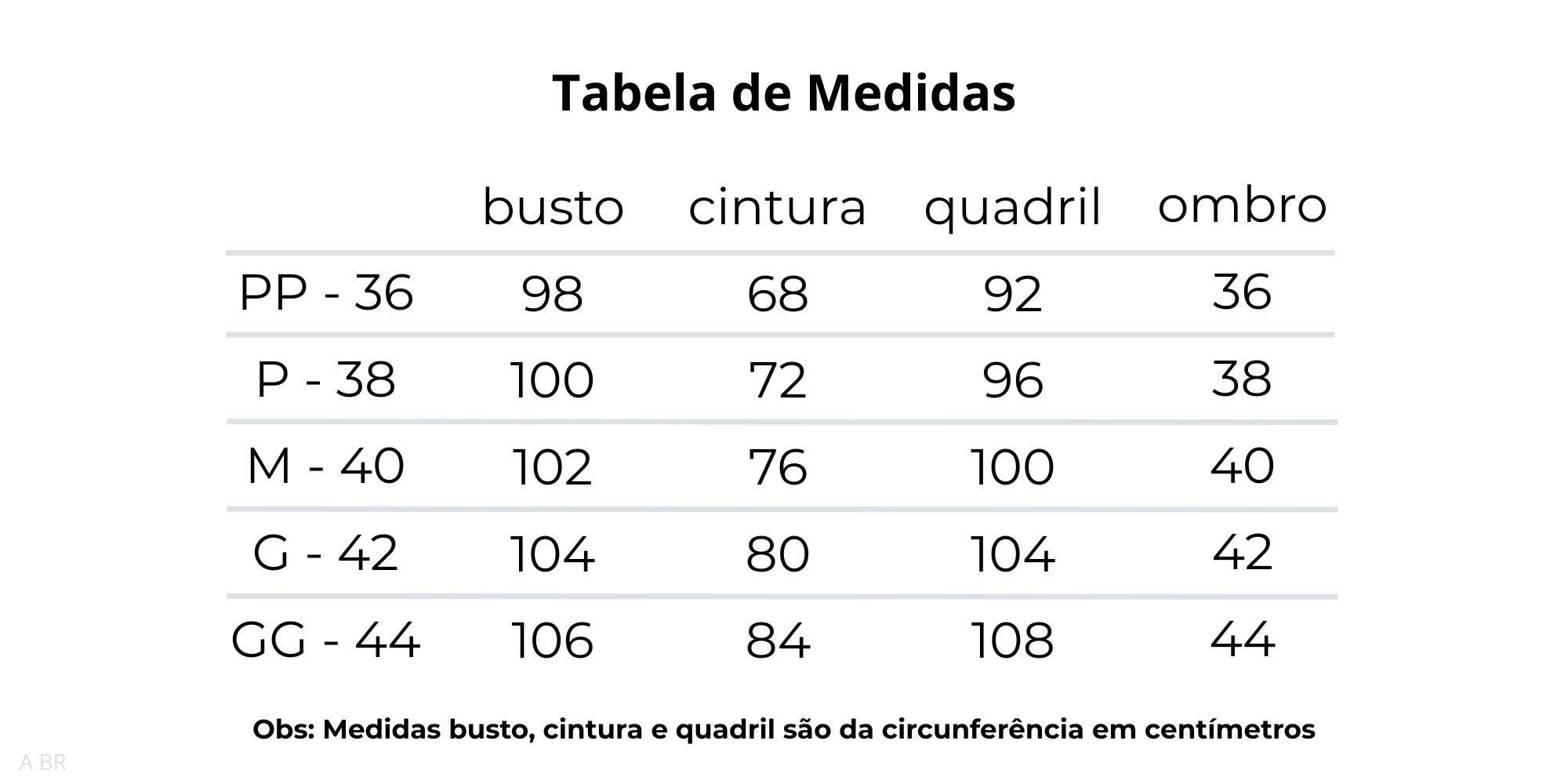 tabela de medidas